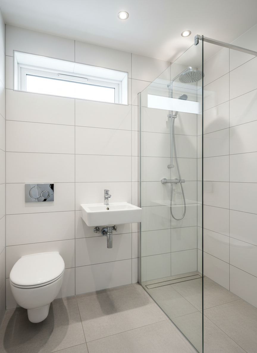 A bright and efficient small-bathroom renovation, captured in photographic realism, highlighting smart plumbing layout and fixtures. A compact wall-hung toilet with a concealed in-wall cistern sits beside a slim pedestal basin with a minimalist chrome mixer tap. Opposite, a space-saving corner shower with clear glass doors reveals a modern round chrome showerhead and simple controls. Large white tiles on the walls and light concrete-look tiles on the floor enhance the feeling of space. Natural daylight from a high, narrow window combines with discreet recessed ceiling lights, creating a clean, contemporary atmosphere. Shot at eye level with a slightly wide frame, the composition communicates how professional plumbing design can maximize functionality and style in tight spaces.