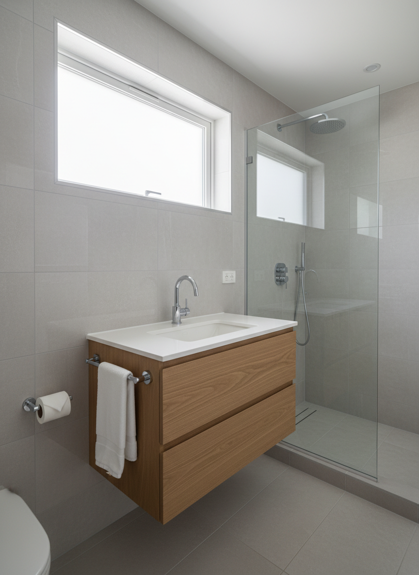 A pristine, newly renovated bathroom featuring a floating oak vanity with a matte white countertop and a sleek rectangular undermount sink. A chrome single-handle faucet arcs over the basin, with neatly aligned polished fixtures throughout the room. Large light-gray porcelain tiles cover the floor and walls, leading to a walk-in glass shower with a linear drain and rain showerhead. Soft, diffused daylight enters from a frosted window, creating gentle reflections on the tiles and subtle shadows along the grout lines. Photographic realism, shot at eye level with sharp focus and a slightly wide angle, conveying a professional, clean, and modern atmosphere ideal for a plumbing and bathroom renovation service homepage.