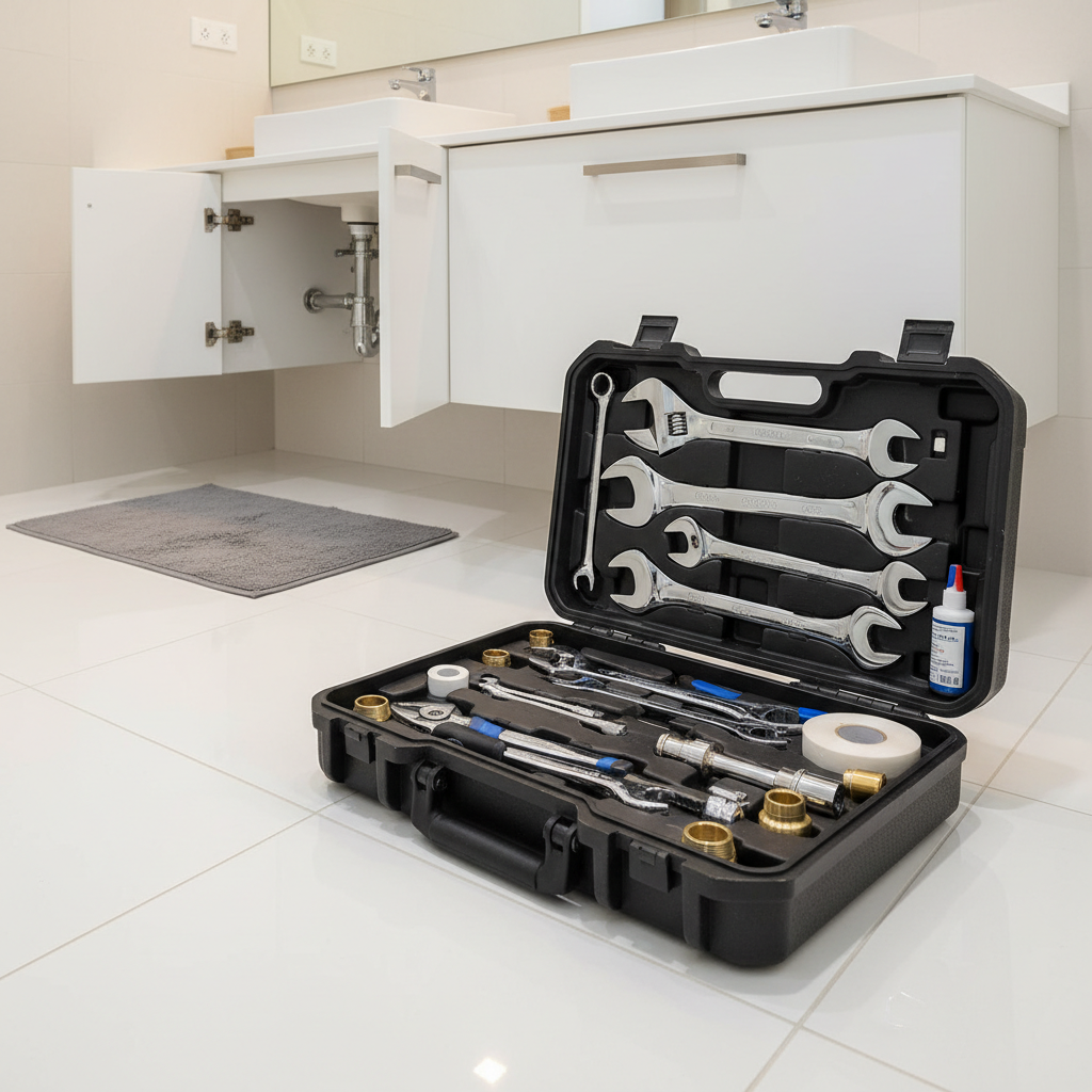 A photographic realism scene of a tidy plumbing repair setup in a modern bathroom. On a spotless tiled floor beside a contemporary vanity, an open tool case reveals neatly arranged wrenches, pipe cutters, Teflon tape, and spare fittings, all positioned around a newly replaced chrome P-trap and drain assembly under the sink. The cabinet doors are open to show the fresh installation, with joints precisely tightened and no signs of leakage. Soft overhead LED lighting casts clean, neutral illumination, with subtle reflections on the tools and pipes. Shot from a slightly low, three-quarter angle, the composition balances the repaired plumbing and organized tools, conveying professionalism, preparedness, and trustworthy service without any human presence.