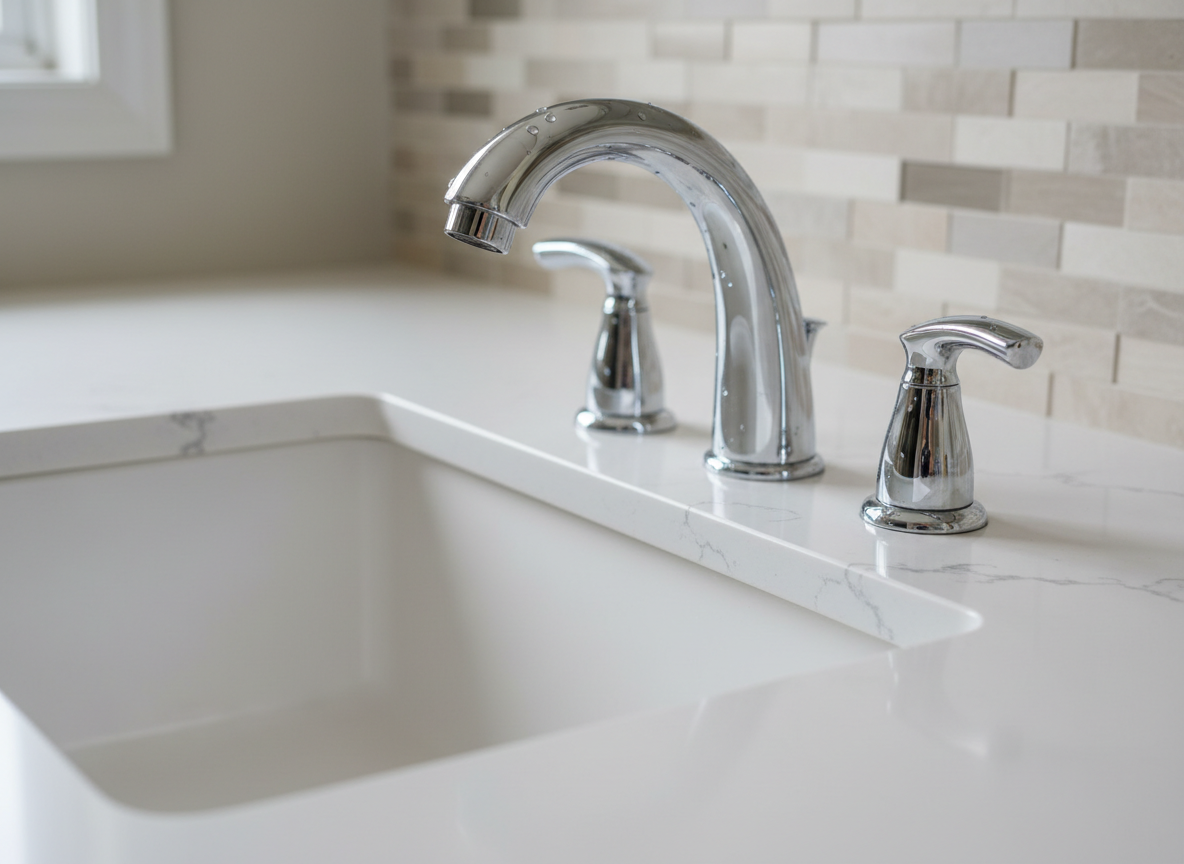 A close-up, photographic view of a gleaming chrome faucet and matching mixer taps mounted on a spotless white ceramic sink. Tiny water droplets cling to the curved spout, catching the cool, diffused light from an unseen window. The sink sits within a smooth quartz countertop with faint gray veining, while the blurred background reveals a hint of tiled backsplash in soft neutral tones. Captured from a slightly elevated angle with shallow depth of field, the faucet and taps are in crisp focus, highlighting precise installation and flawless alignment. The mood is professional and reassuring, emphasizing quality plumbing workmanship and attention to detail for a service-focused website.