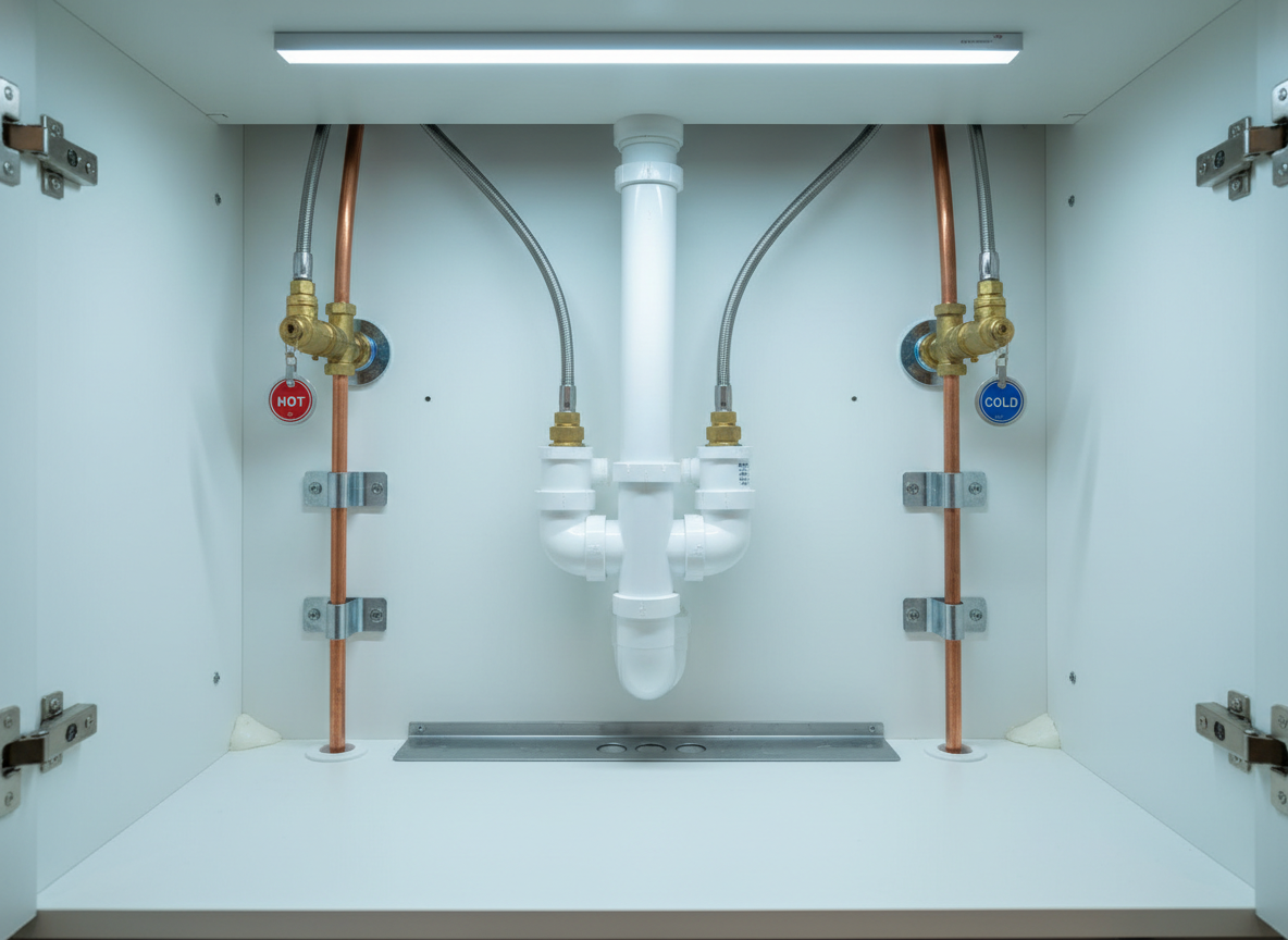 An under-sink cabinet interior showcasing impeccably organized plumbing: freshly installed PVC drain pipes, neatly routed copper supply lines, and clearly labeled shutoff valves. The pipes are arranged symmetrically against a clean white cabinet wall, with protective brackets and seals visible. Cool LED strip lighting along the cabinet ceiling casts even illumination, eliminating harsh shadows and highlighting the craftsmanship. Photographic realism captured from a low, straight-on angle places the viewer at cabinet level, filling the frame with orderly pipework. The mood is confident and professional, demonstrating reliability, cleanliness, and code-compliant installation for a bathroom plumbing specialist.