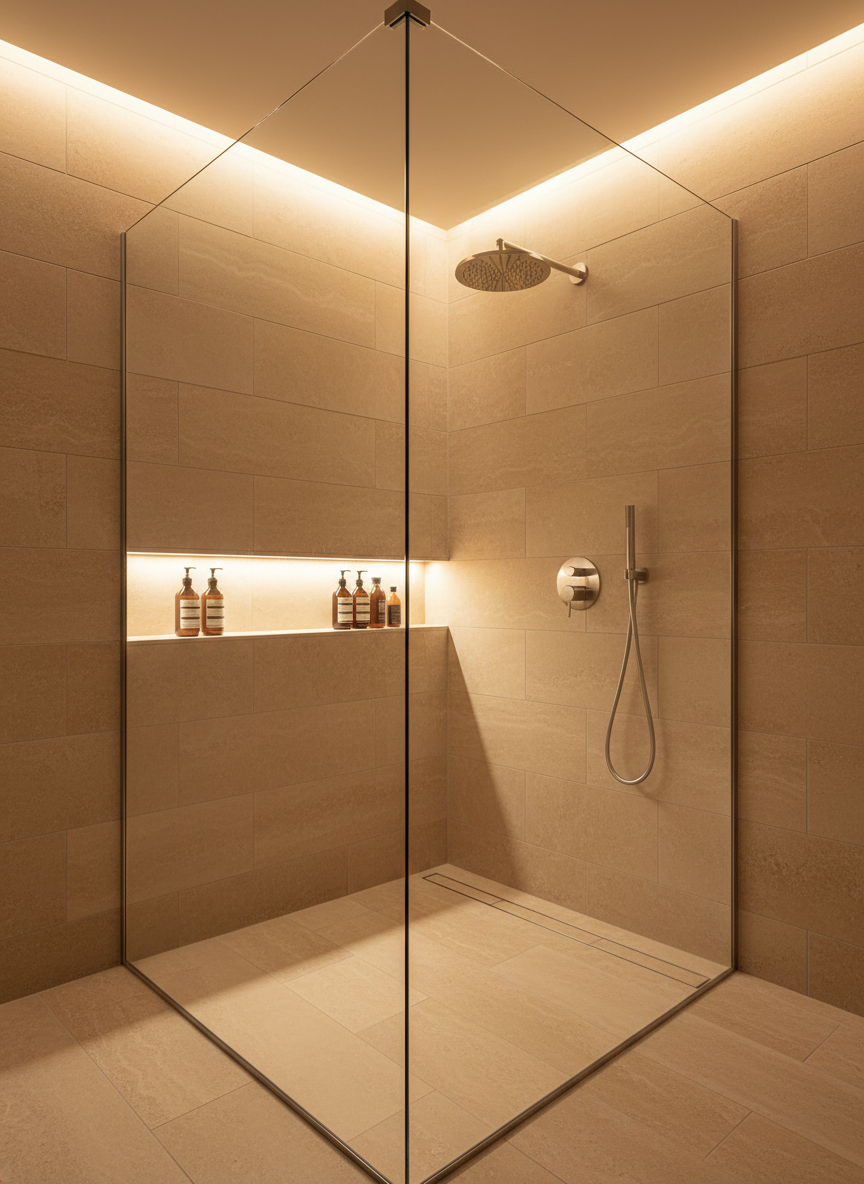 A luxurious walk-in shower installation in photographic realism, featuring frameless crystal-clear glass panels anchored by minimal brushed nickel hardware. Inside, large-format stone-look porcelain tiles in soft beige span floor to ceiling, interrupted only by a sleek stainless-steel rain showerhead and matching handheld sprayer on a slide rail. A recessed niche with LED lighting holds neatly arranged bottles, and a linear drain sits perfectly aligned with the tile pattern. Gentle overhead lighting and indirect cove lights create a warm, spa-like glow, with subtle reflections glinting off the fixtures. Shot from a slightly elevated corner angle using a wide lens, the composition emphasizes the craftsmanship and premium plumbing finishes of a high-end bathroom renovation.