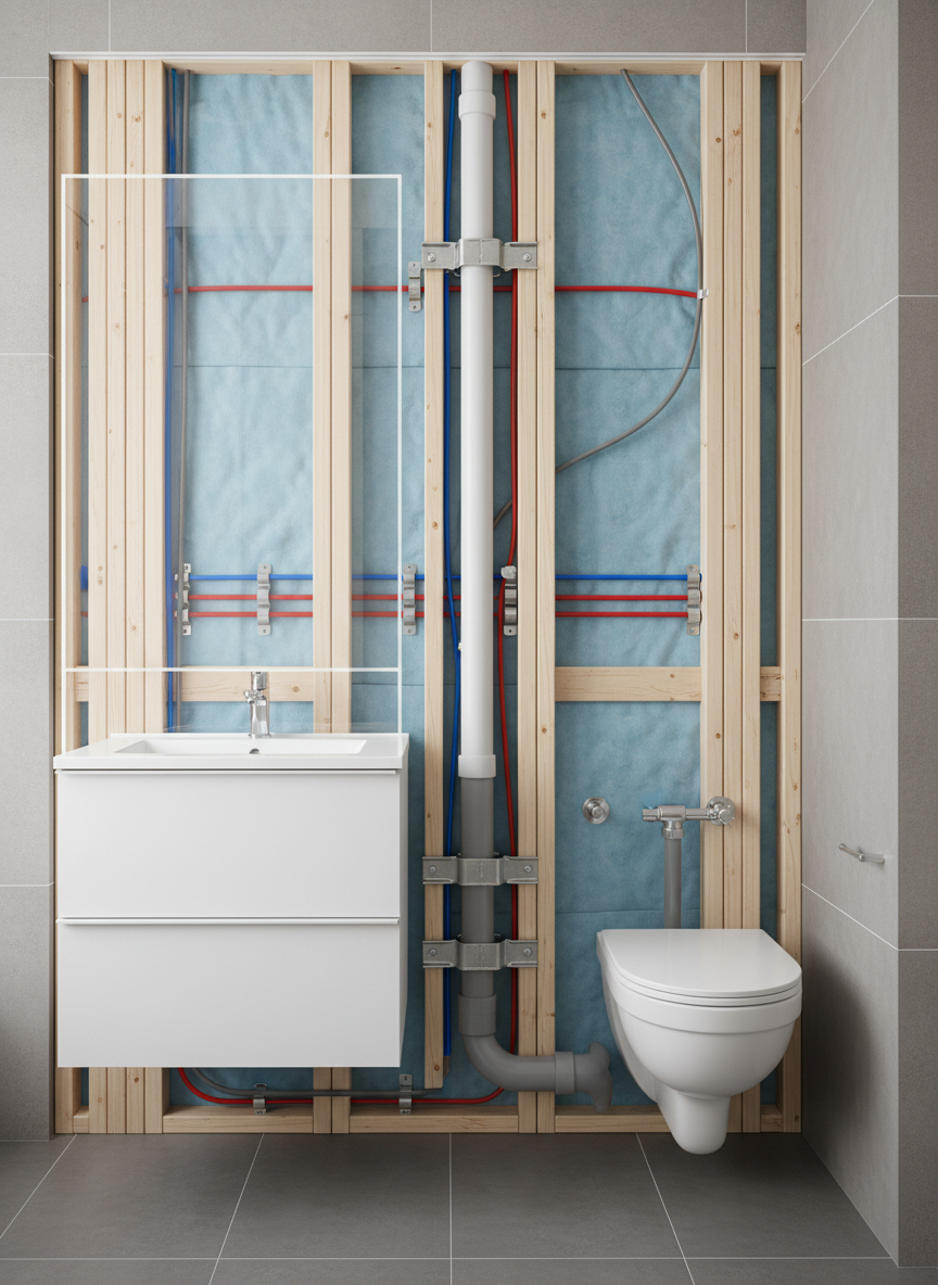 A detailed, photographic cutaway-style scene of a bathroom wall and floor subtly ‘opened’ to reveal expertly installed plumbing behind the finishes. In the foreground, a modern wall-hung vanity and toilet appear fully finished, while a transparent section shows neatly aligned PEX water lines, vent pipes, and a precisely sloped PVC drain system. The studs are clean, insulation is uniformly placed, and all connections are professionally strapped and supported. Neutral tiles and fixtures maintain a calm, modern look, while bright, even studio-style lighting ensures clarity on every pipe and fitting. Composed from an eye-level, straight-on view, the image communicates the hidden quality and technical expertise of professional plumbing and renovation work.