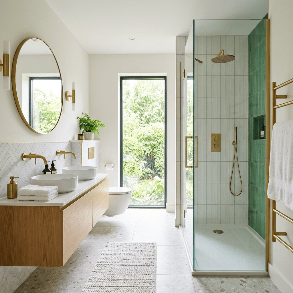 Bright modern bathroom, brass fixtures, glass shower