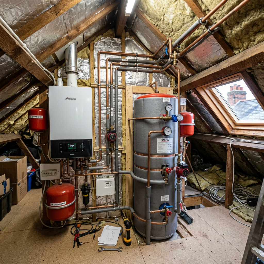 Boiler unit and insulated hot water cylinder with copper piping in an attic