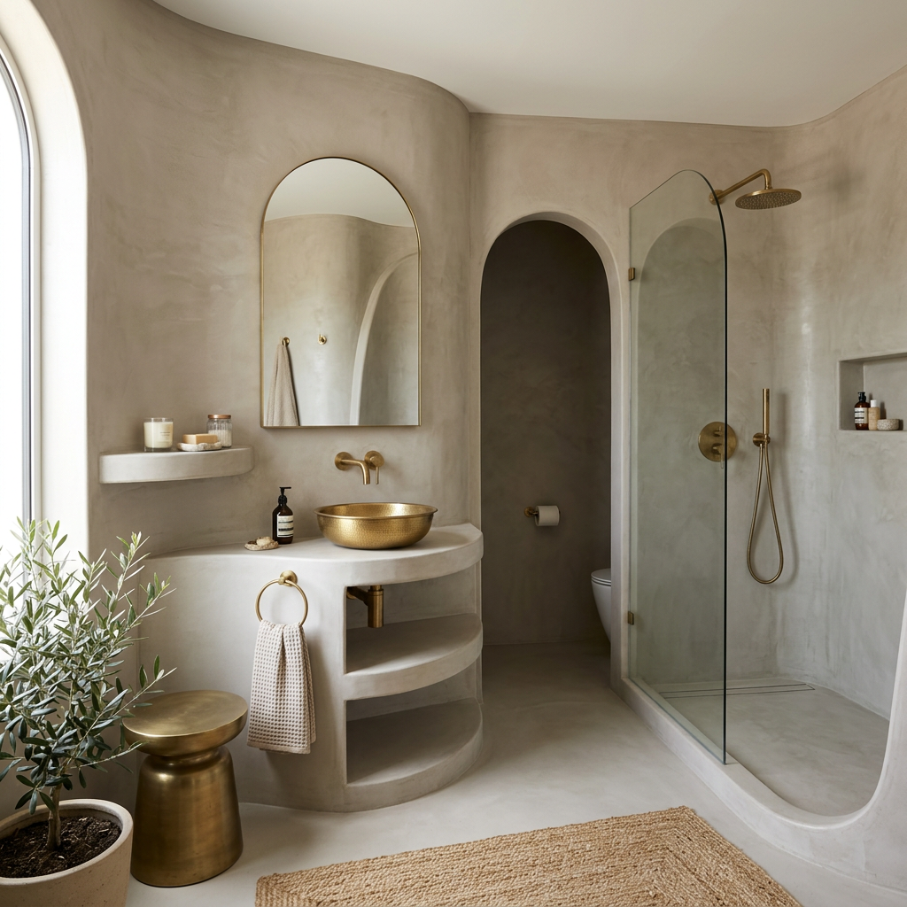 Minimalist bathroom with beige plaster walls, gold sink and shower fixtures, curved mirror, and glass shower door